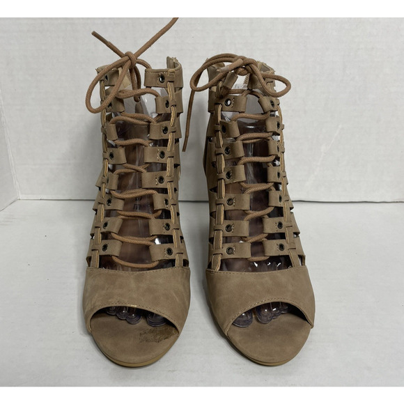 Rampage Tan Lace Up Boots Peep Toe Chunky Size 7.5 - Picture 2 of 8